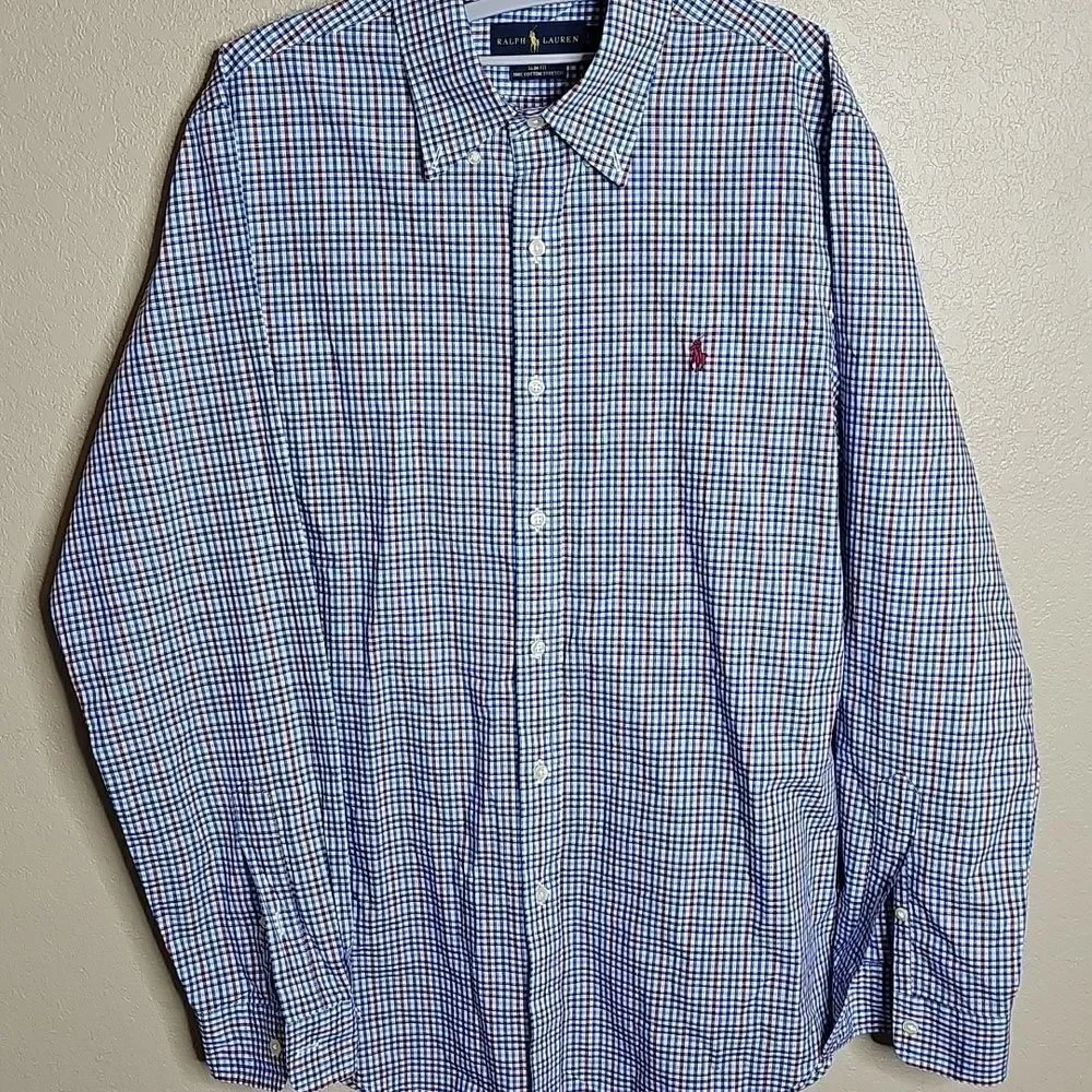 Ralph Lauren Polo Slim Fit Blue Red Plaid Casual Button Down Shirt Long Sleeve L